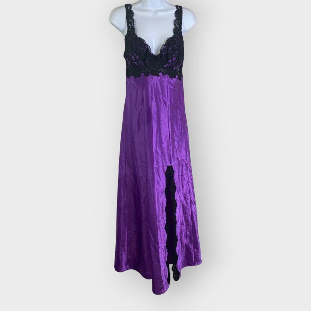 Vtg Victorias Secret Maxi Slip Dress Gown | M | Purple Satin Black Lace | 90s